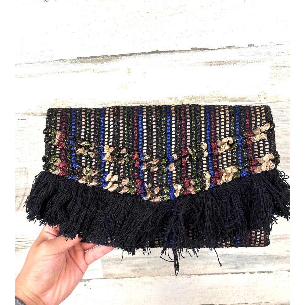 Stella & Dot Black Metallic Taj Clutch Boho Fringe Statement Bag